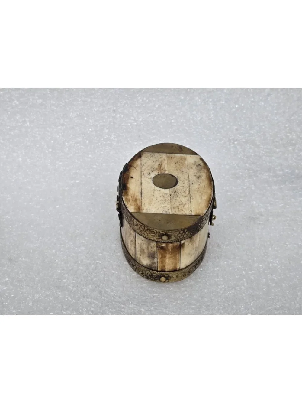 Vintage Oval Trinket Box With Floral Brass Engraving & Bone Inlay Made In India